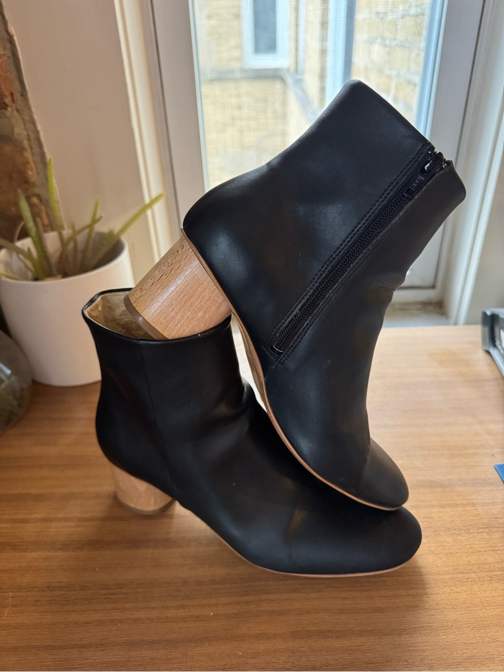 Sydney Brown Vegan Leather Boots with Wooden Block Heel Sz 38